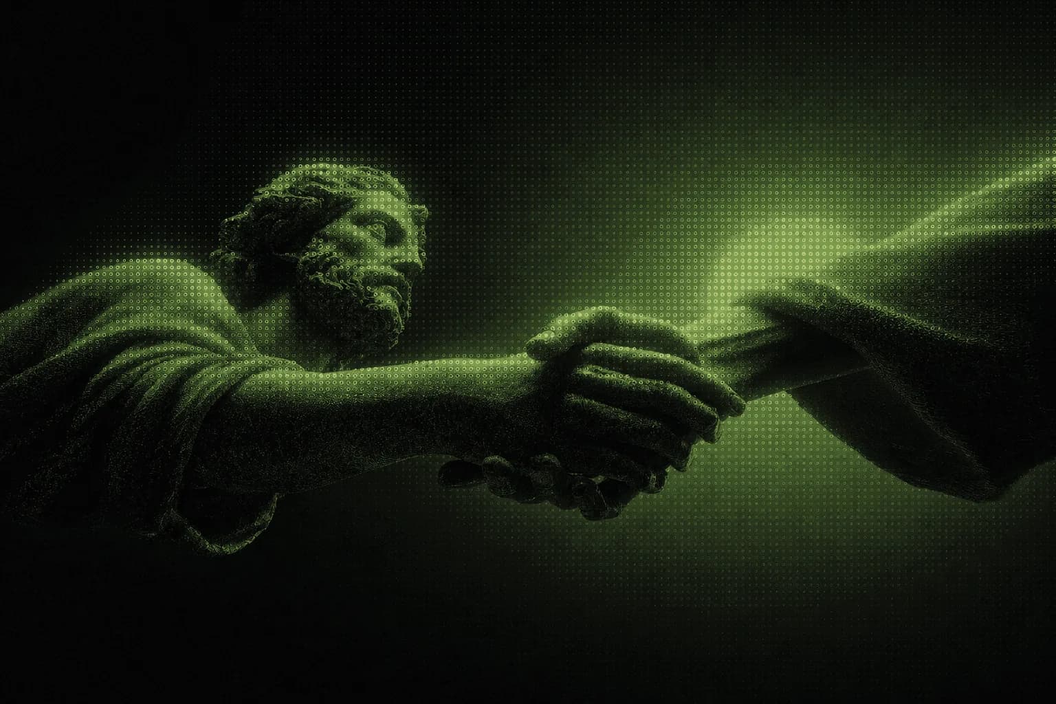 Two hands meeting, rendered as a green particle field